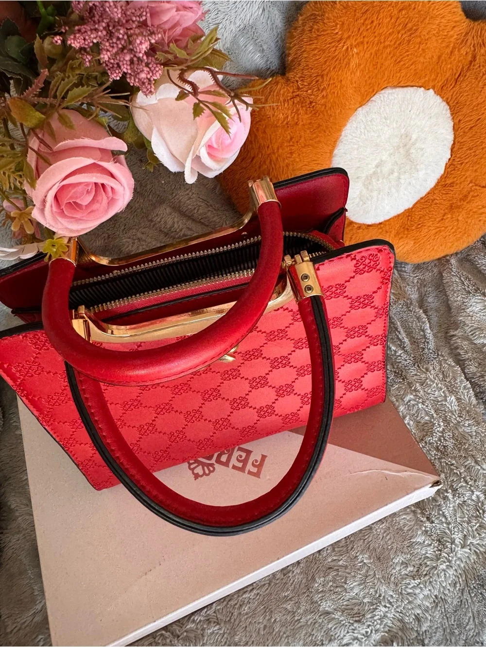 Red Structured Top-Handle Satchel with Gold Accent